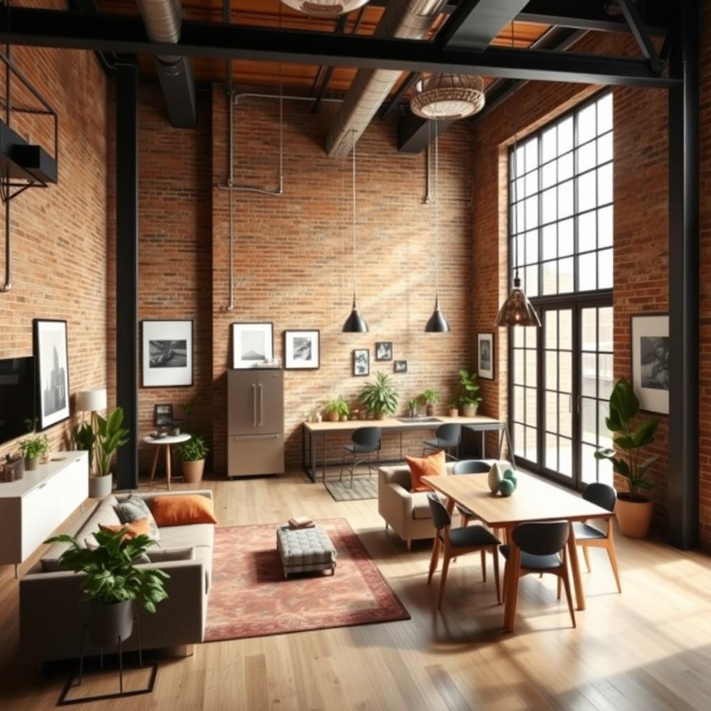 An industrial-style studio apartment designed with modern aesthetics in mind