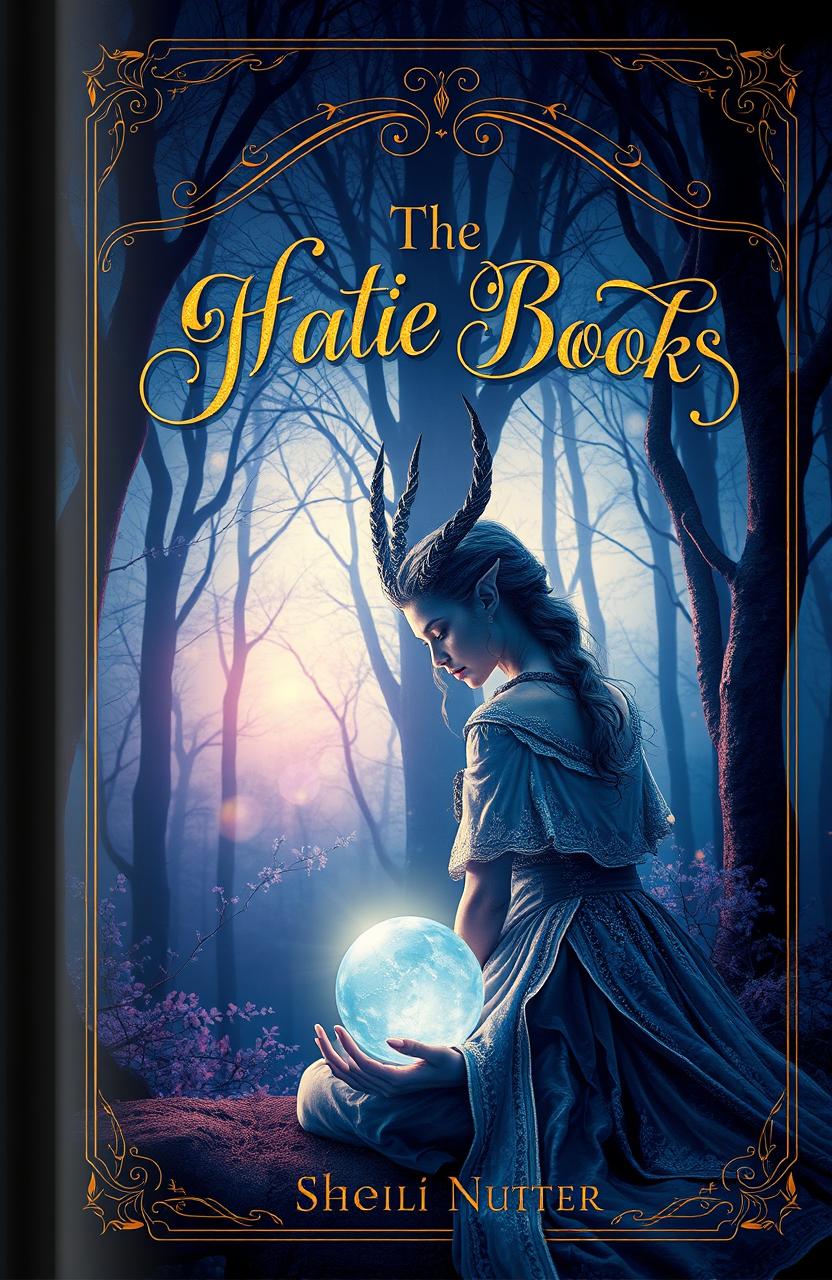A captivating book cover design featuring an enchanting forest scene at twilight, with a soft glow of magical lights floating among the trees