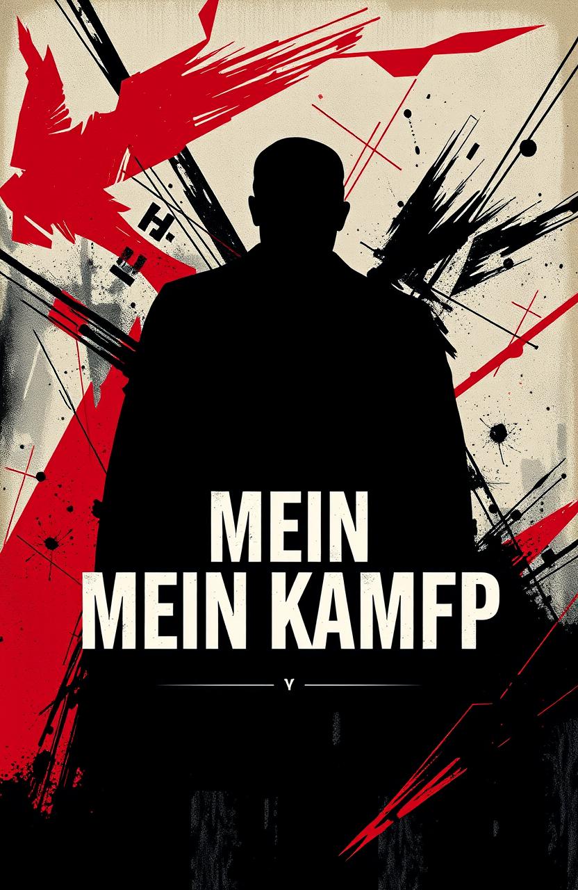 A contemporary interpretation of a historical book cover, featuring a powerful, bold typography layout for the title 'Mein Kampf', with an imposing silhouette of a figure representing authority