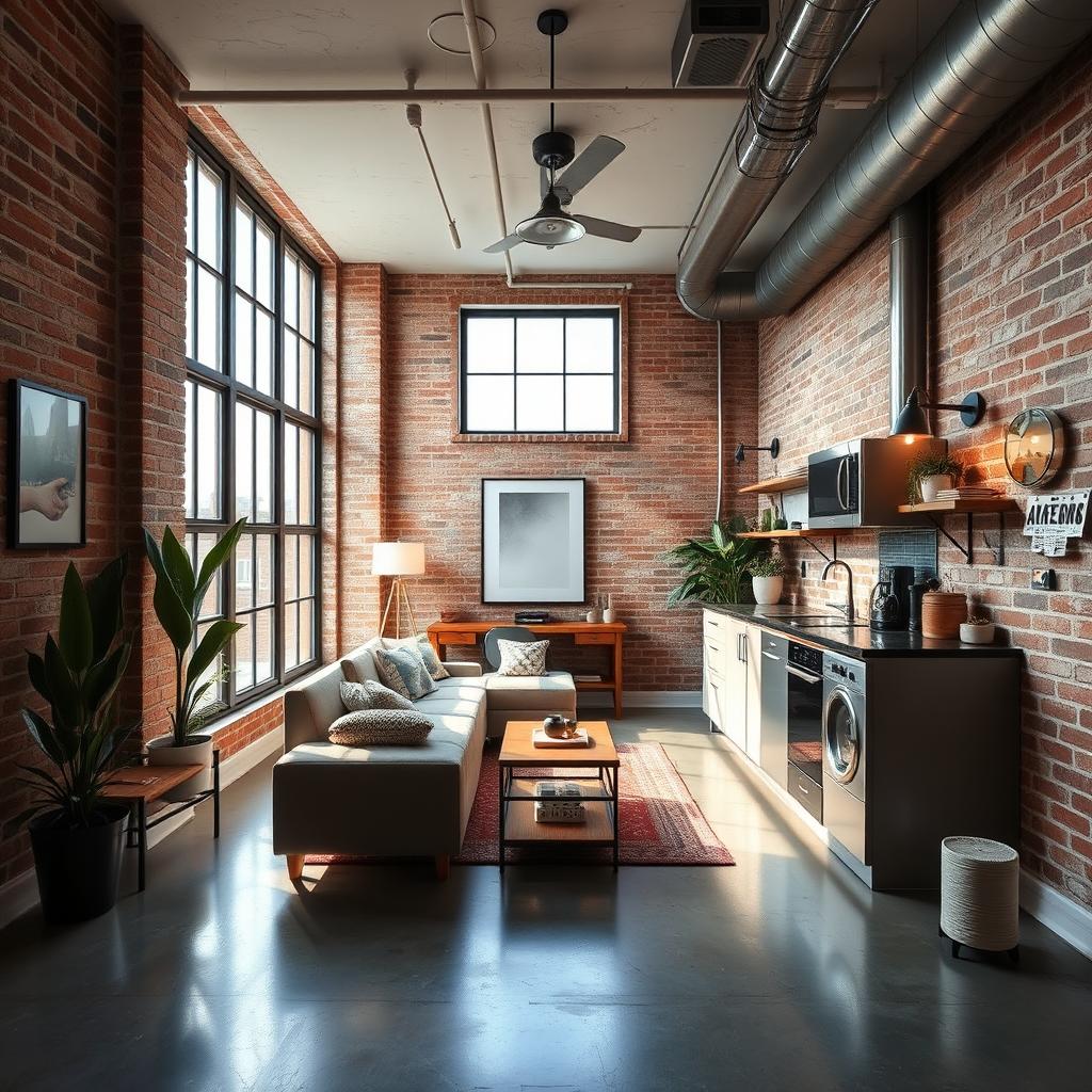 A small industrial-style studio apartment designed with modern aesthetics in mind