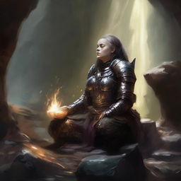 In a tranquil cavern, a female dwarf in resplendent heavy armor meditates, her aura of power palpable as wooden splinters and rocks float around her creating an atmospherically surreal tableau.