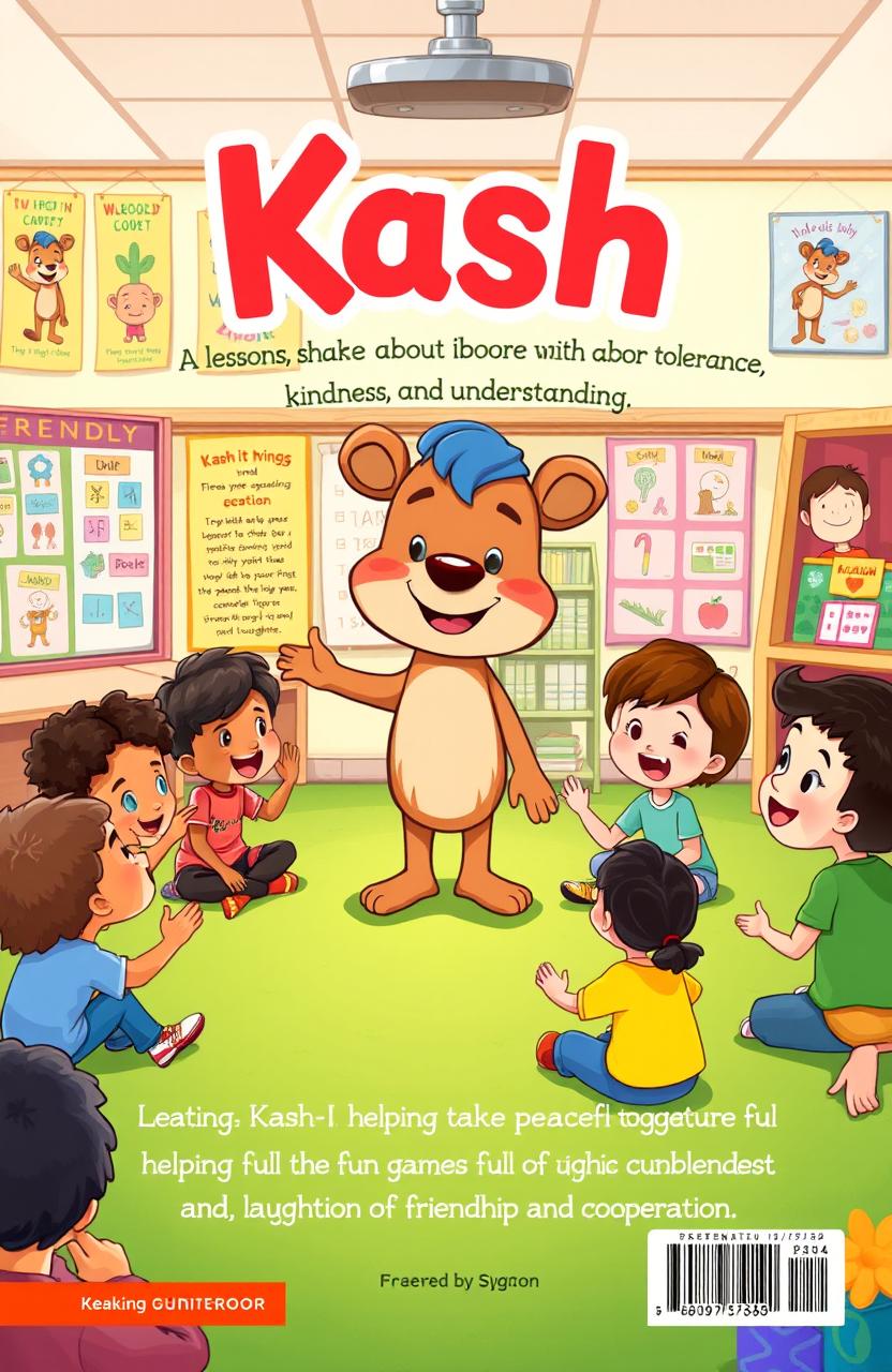 A whimsical children's book cover illustrating a friendly, anthropomorphic character called "Kash" who shares lessons about tolerance, kindness, and understanding
