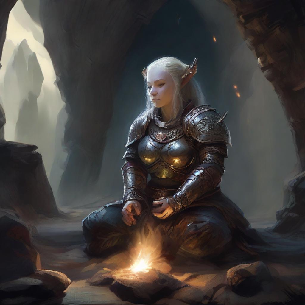 In a tranquil cavern, a female dwarf in resplendent heavy armor meditates, her aura of power palpable as wooden splinters and rocks float around her creating an atmospherically surreal tableau.