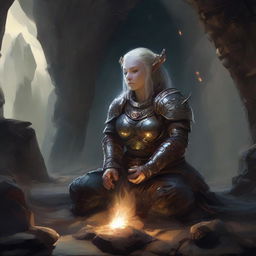 In a tranquil cavern, a female dwarf in resplendent heavy armor meditates, her aura of power palpable as wooden splinters and rocks float around her creating an atmospherically surreal tableau.