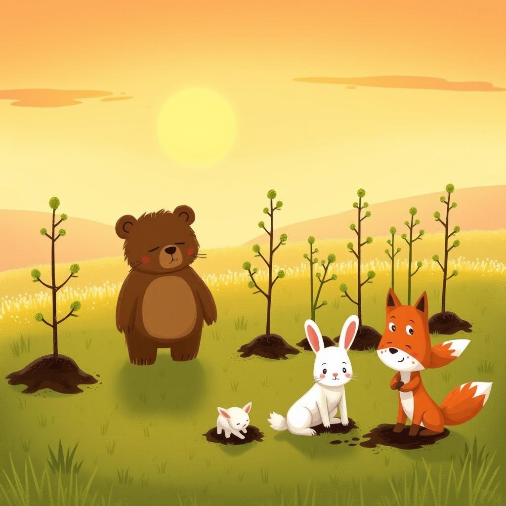 In a serene spring setting under a warm sunset, a grassy meadow is beautifully adorned with ten freshly planted saplings, symbolizing new beginnings