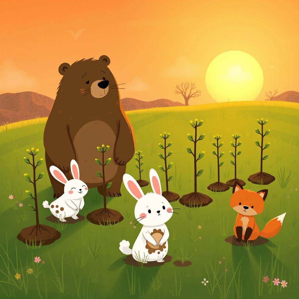 In a picturesque spring scene during sunset, a lush grassy meadow is adorned with ten newly planted saplings, symbolizing growth and renewal