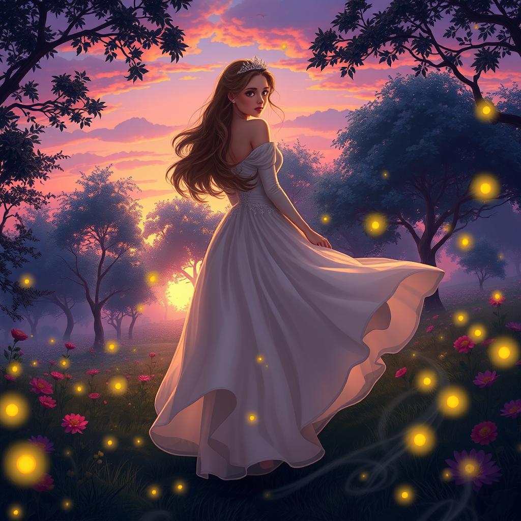 A serene scene depicting a princess in a flowing, elegant gown, escaping into a twilight forest filled with lush trees and vibrant flowers