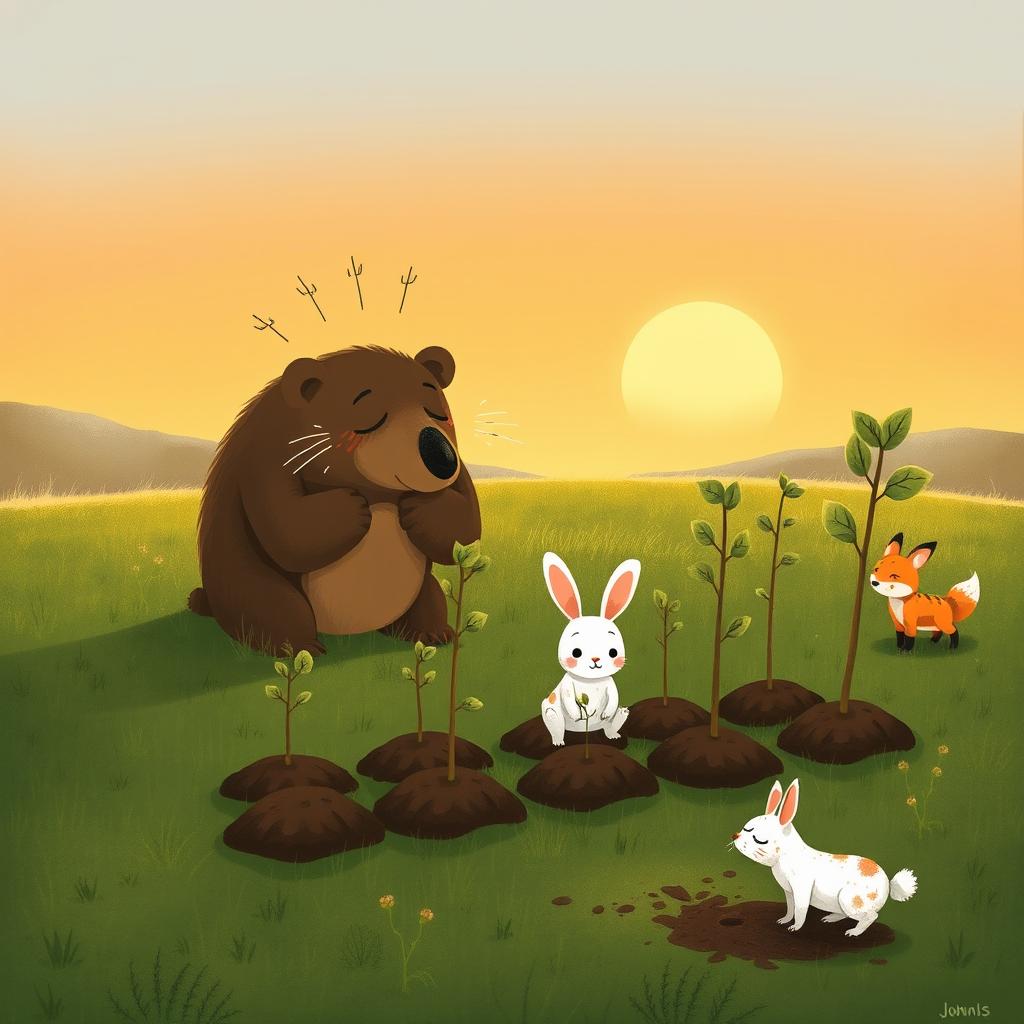 In spring, under the setting sun, ten saplings have been planted on a grassy field