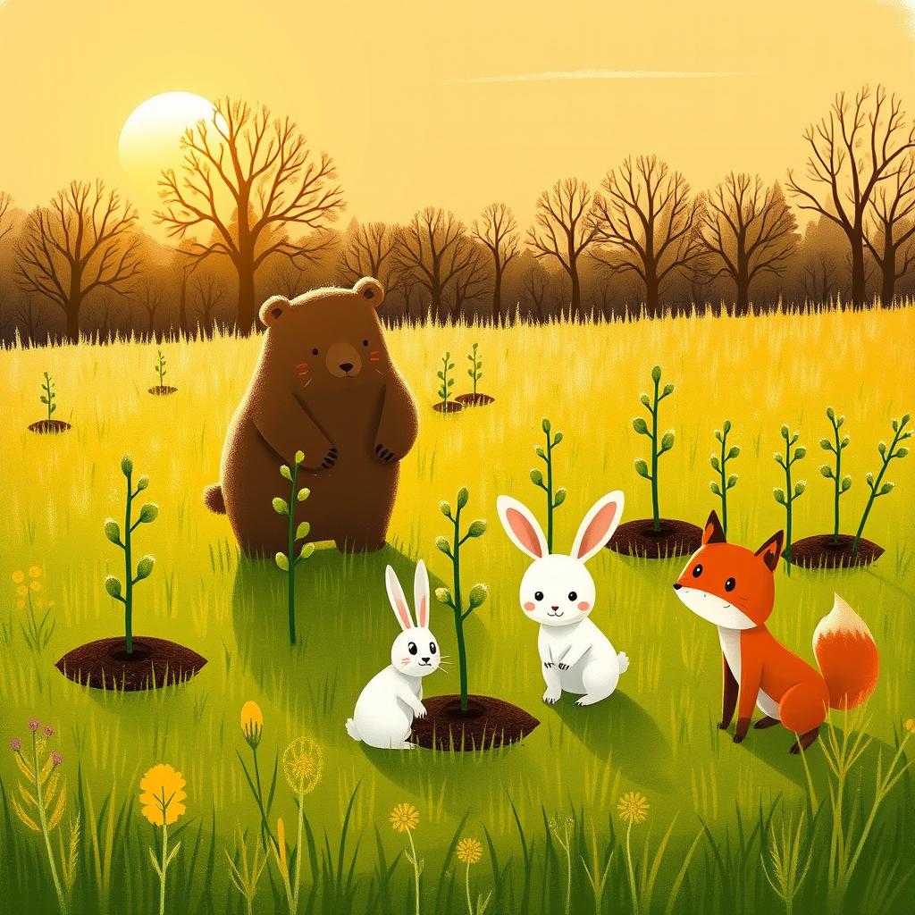 In a picturesque spring scene during sunset, a lush grassy meadow is filled with ten freshly planted saplings, symbolizing growth and renewal