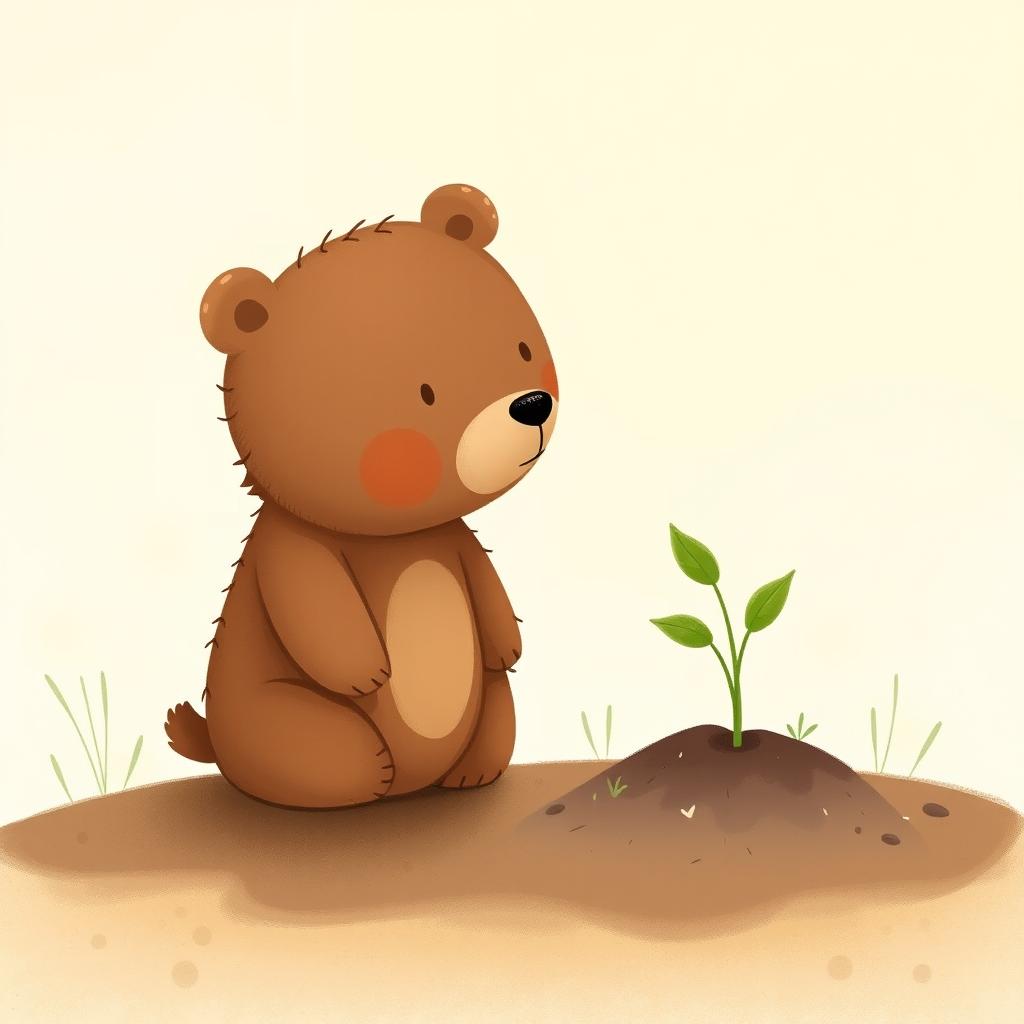 In a tranquil spring morning scene, a cute brown bear gazes curiously at a tiny sprout that has just emerged from the soil, embodying the beauty of new life