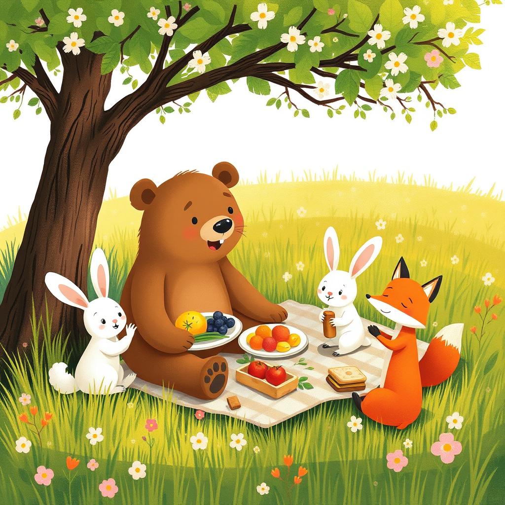 In a delightful spring scene under the shade of a small tree, a cozy picnic is set up with a charming brown bear, a little white rabbit, and a small fox enjoying their time together