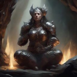 In a tranquil cavern, a female dwarf in resplendent heavy armor meditates, her aura of power palpable as wooden splinters and rocks float around her creating an atmospherically surreal tableau.