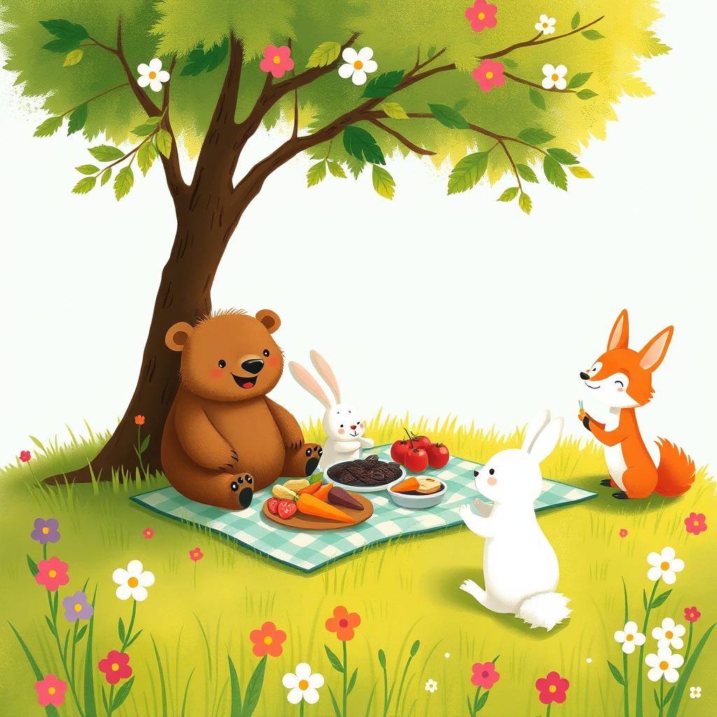 In a cheerful spring scene under the shade of a small tree, a delightful picnic is in progress with an adorable brown bear, a little white rabbit, and a small fox enjoying their feast together