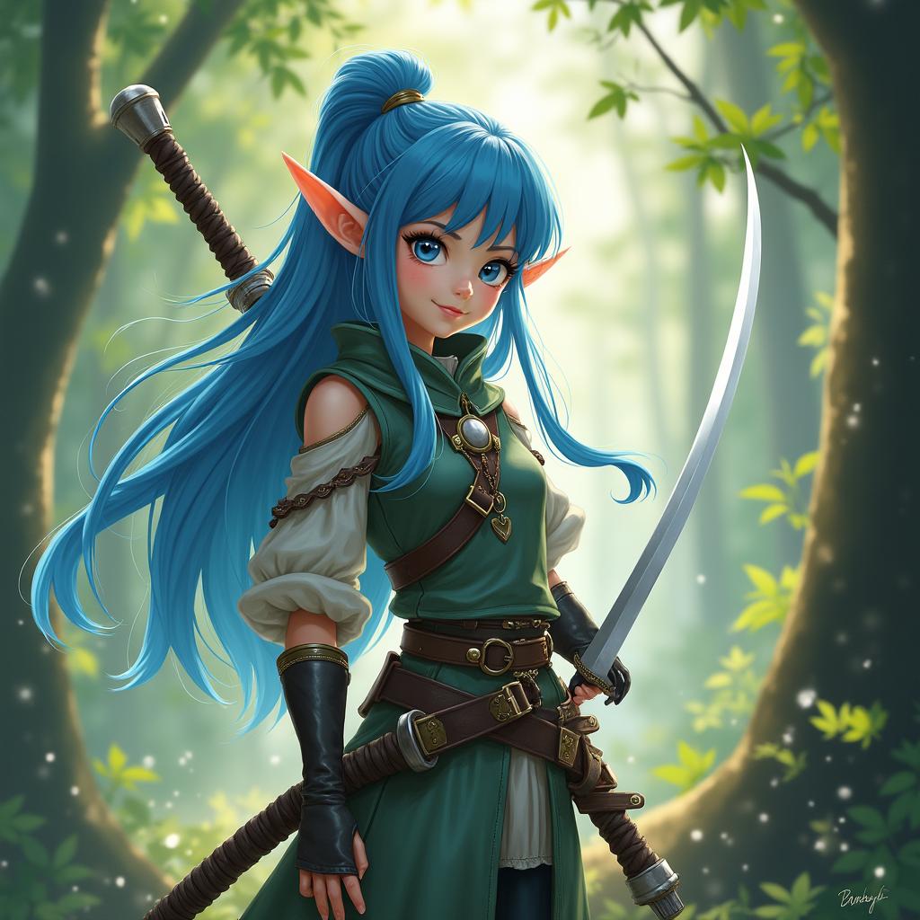 An imaginative portrayal of a 12-year-old female half-elf espadachim with vibrant blue hair, gracefully wielding an elegant odachi