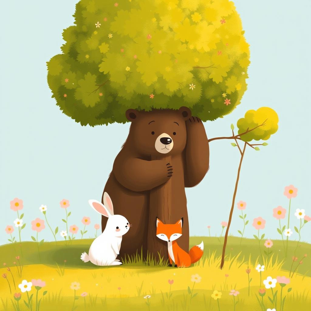 In spring, on a grassy field, a small white rabbit is supporting a medium-sized tree, while a brown bear is helping a larger tree, and a little fox is leaning against a smaller sapling