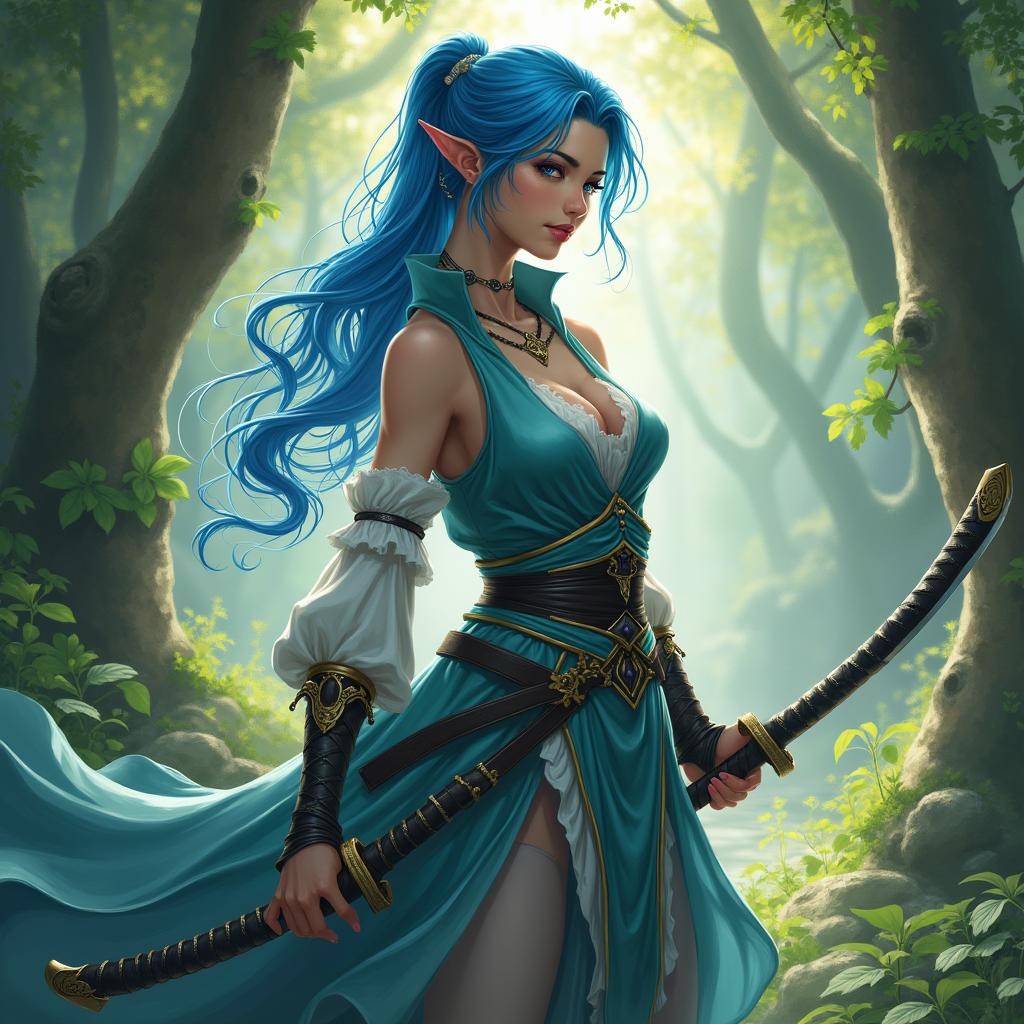 An imaginative depiction of a female half-elf espadachim character, featuring vibrant blue hair styled elegantly