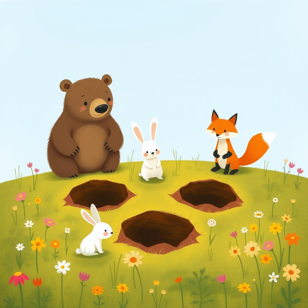 In spring, on a grassy field, a small white rabbit, a brown bear, and a little fox are gathered around freshly dug holes in the ground, each having dug their own pit in a playful and cooperative manner