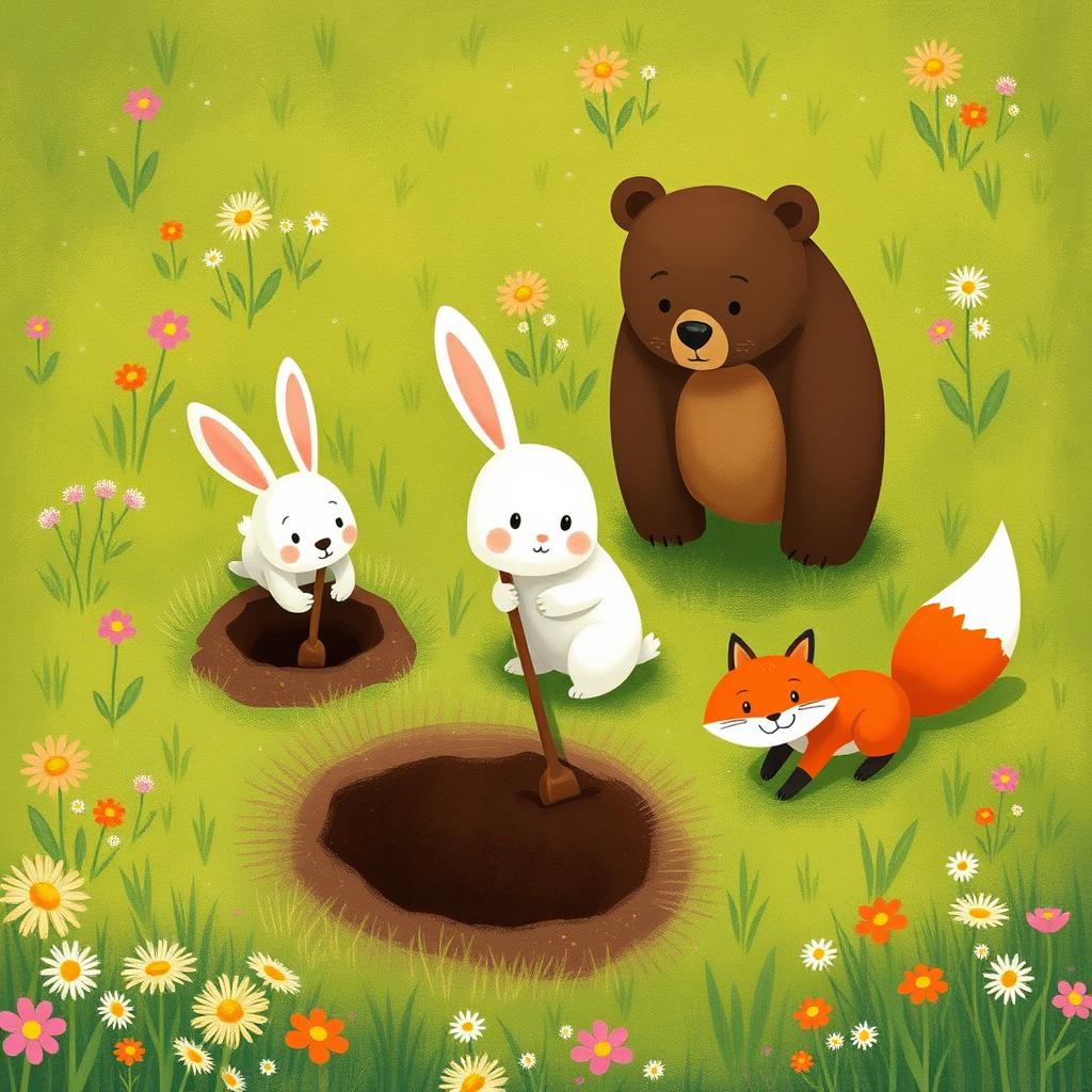 In spring, on a lush grassy field, a small white rabbit, a brown bear, and a little fox are gathered, each digging their own hole in the ground, showing their teamwork and playful spirit