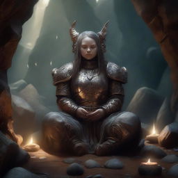 In a tranquil cavern, a female dwarf in resplendent heavy armor meditates, her aura of power palpable as wooden splinters and rocks float around her creating an atmospherically surreal tableau.