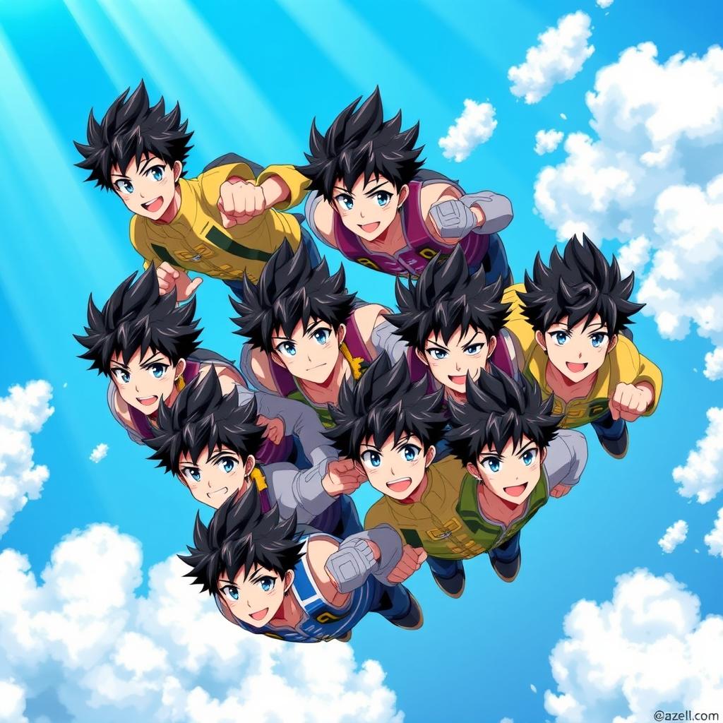 Eight identical men with spiky black hair and vivid blue eyes, depicted in a dynamic and engaging anime style, soaring through a bright blue sky