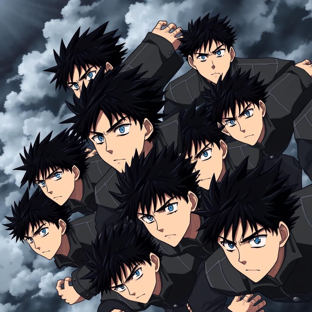 Eight identical men with spiky black hair and piercing blue eyes, depicted in a serious and dark-toned anime style, flying through a stormy sky