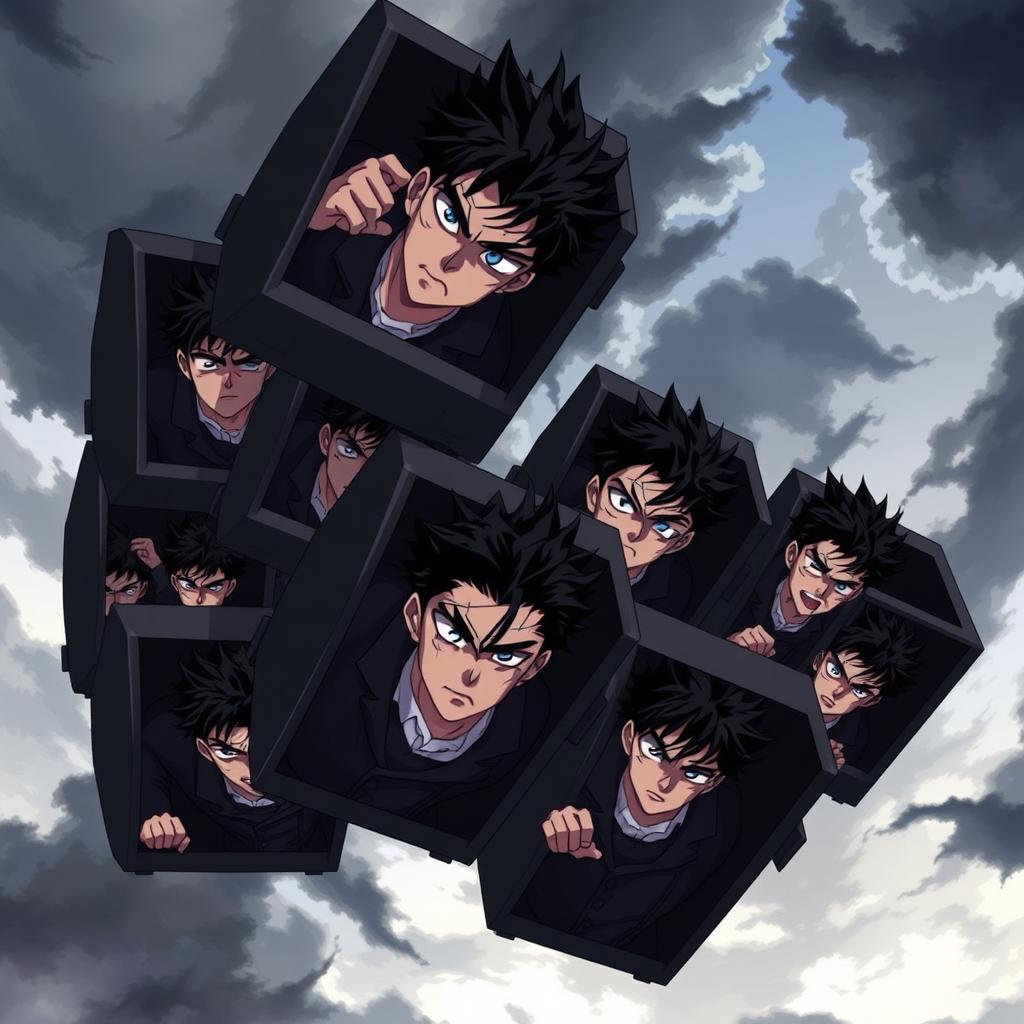 A dynamic scene featuring eight men with spiky black hair and piercing blue eyes, each confined to their own identical box, soaring through the air in an intense anime style