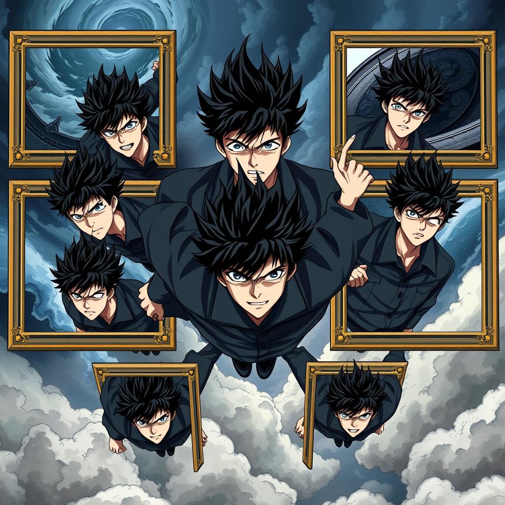 A captivating composition featuring eight identical men with spiky black hair and striking blue eyes, each enclosed within their own separate frame, soaring through the air in a compelling anime style