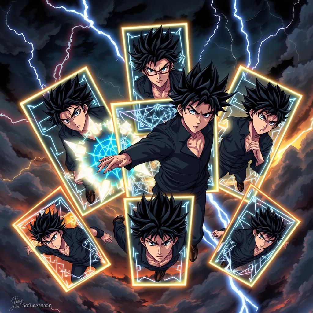 A compelling artwork featuring eight identical men with spiky black hair and striking blue eyes, each contained within their own distinct boundary, gracefully flying in a captivating anime style