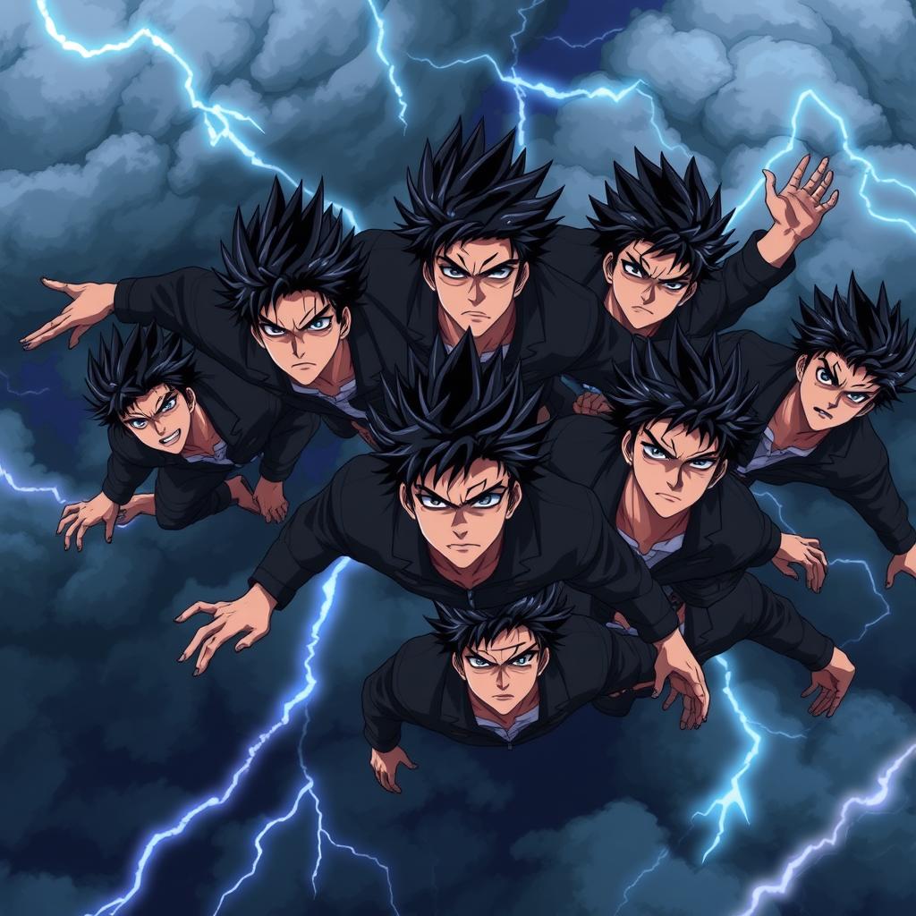 An intense scene featuring eight identical men with spiky black hair and striking blue eyes, all soaring gracefully through the sky in a captivating anime style