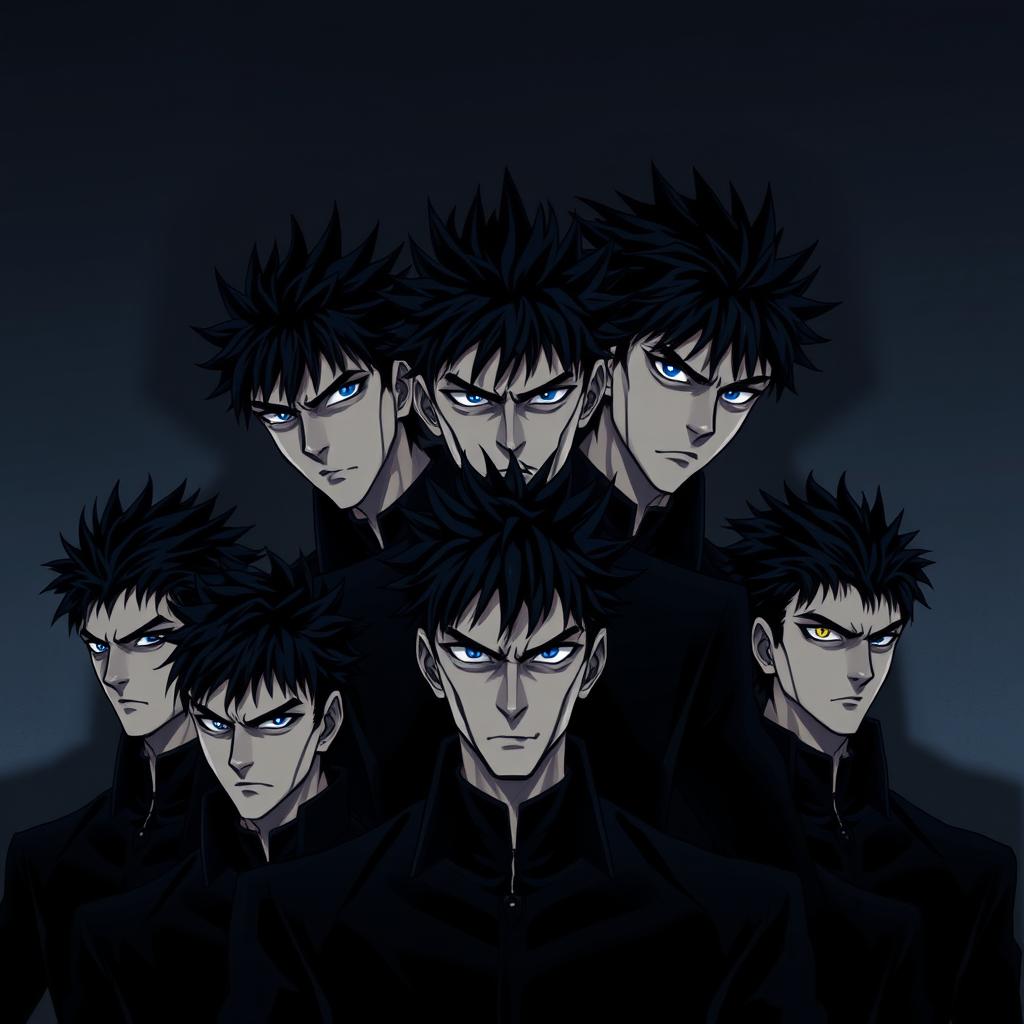 Eight identical men with spiky black hair and piercing blue eyes, illustrated in anime style
