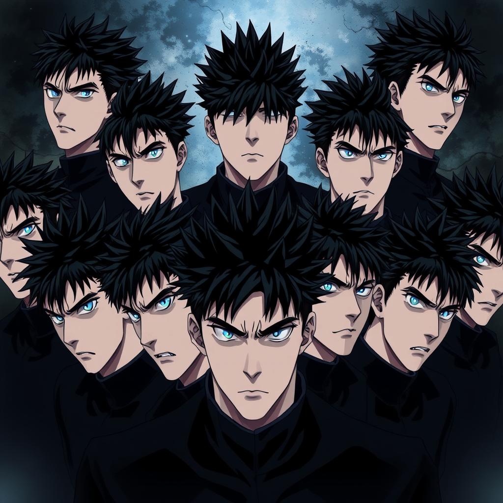 Eight identical men with spiky black hair and striking blue eyes, depicted in a compelling anime style