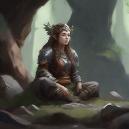 Deep within a secluded cavern, a female dwarf druid, secured in dignified heavy armor, meditates peacefully. Wooden splinters and rocks levitate around her in a captivating illusion of her profound connection with nature.