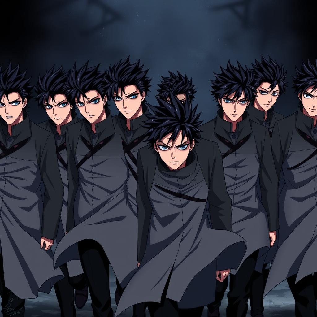 Eight identical men with spiky black hair and vibrant blue eyes, depicted in an anime style, walking together in a formation that conveys a strong sense of unity