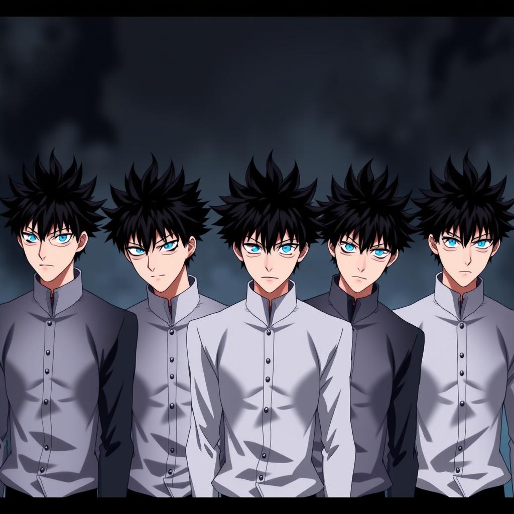 Eight identical men with spiky black hair and vibrant blue eyes, styled in an anime aesthetic, walking together in an imposing formation