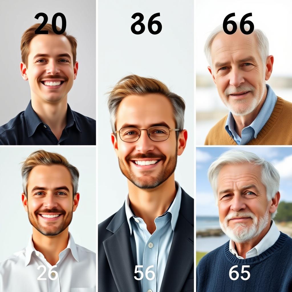 A set of three portraits showing a man at ages 20, 36, 50, and 65