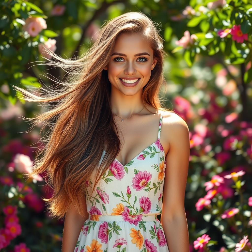 A stunning young woman with flowing long hair, bright green eyes, and a radiant smile