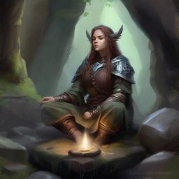 Deep within a secluded cavern, a female dwarf druid, secured in dignified heavy armor, meditates peacefully. Wooden splinters and rocks levitate around her in a captivating illusion of her profound connection with nature.