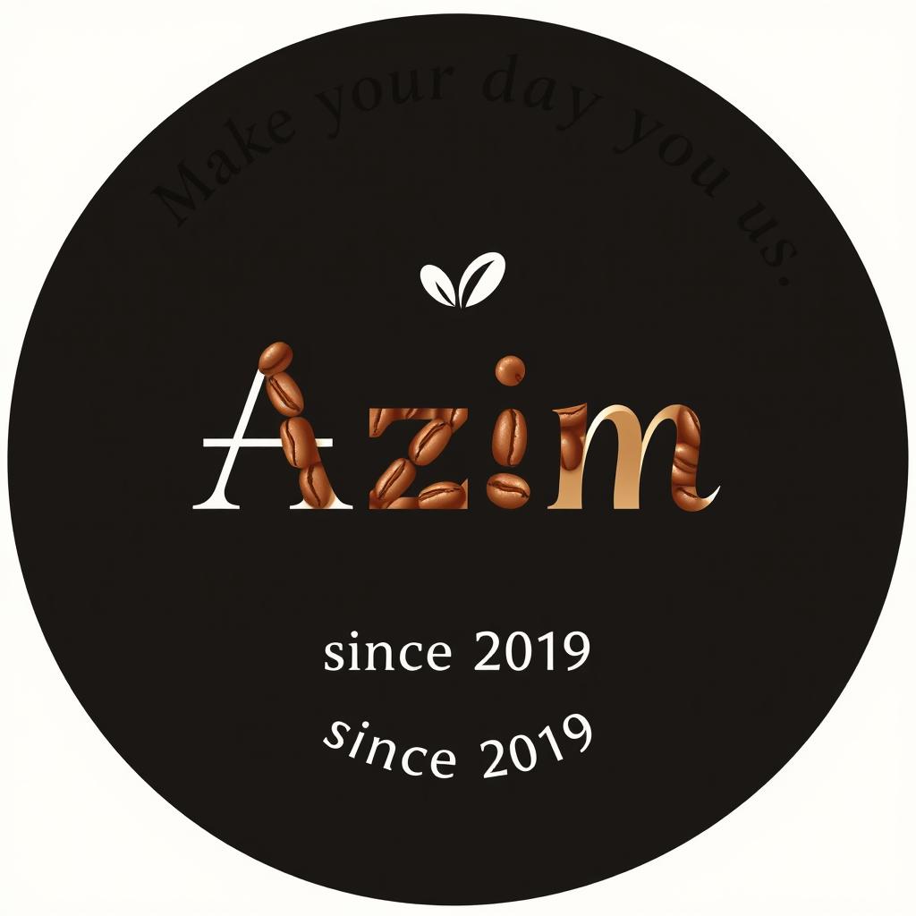 A minimalist round black logo for a cafe featuring the title "Azim" creatively crafted from coffee beans positioned in the center of the logo