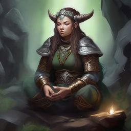 Deep within a secluded cavern, a female dwarf druid, secured in dignified heavy armor, meditates peacefully. Wooden splinters and rocks levitate around her in a captivating illusion of her profound connection with nature.