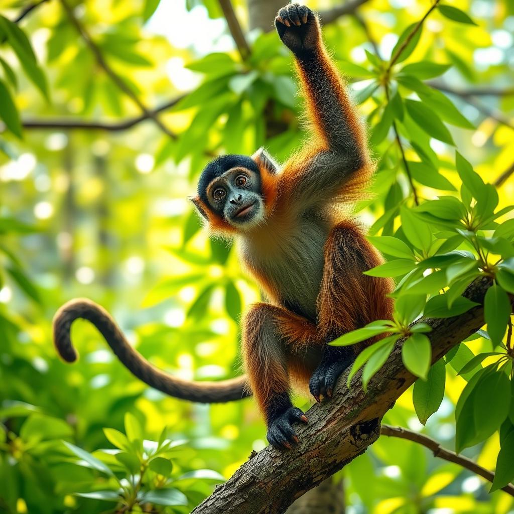 A lively monkey perched on a tree branch in a lush rainforest, vividly colored with bright green leaves surrounding it