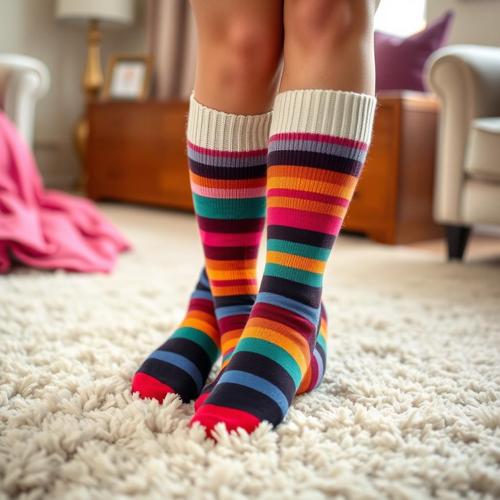 A captivating photo of two elegant legs showcased with trendy, vibrant striped knee-high socks