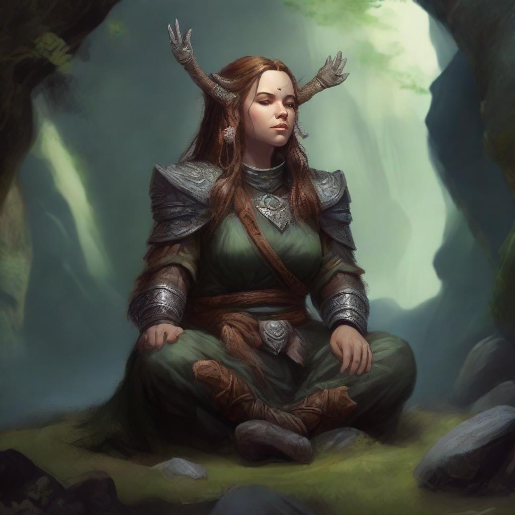 Deep within a secluded cavern, a female dwarf druid, secured in dignified heavy armor, meditates peacefully. Wooden splinters and rocks levitate around her in a captivating illusion of her profound connection with nature.