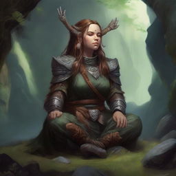 Deep within a secluded cavern, a female dwarf druid, secured in dignified heavy armor, meditates peacefully. Wooden splinters and rocks levitate around her in a captivating illusion of her profound connection with nature.