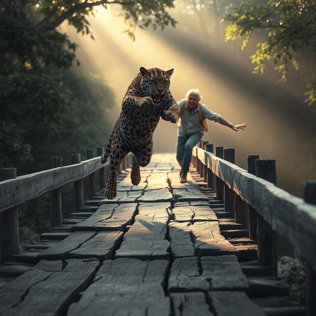 A dramatic scene depicting a jaguar attacking an elderly man on a deserted bridge