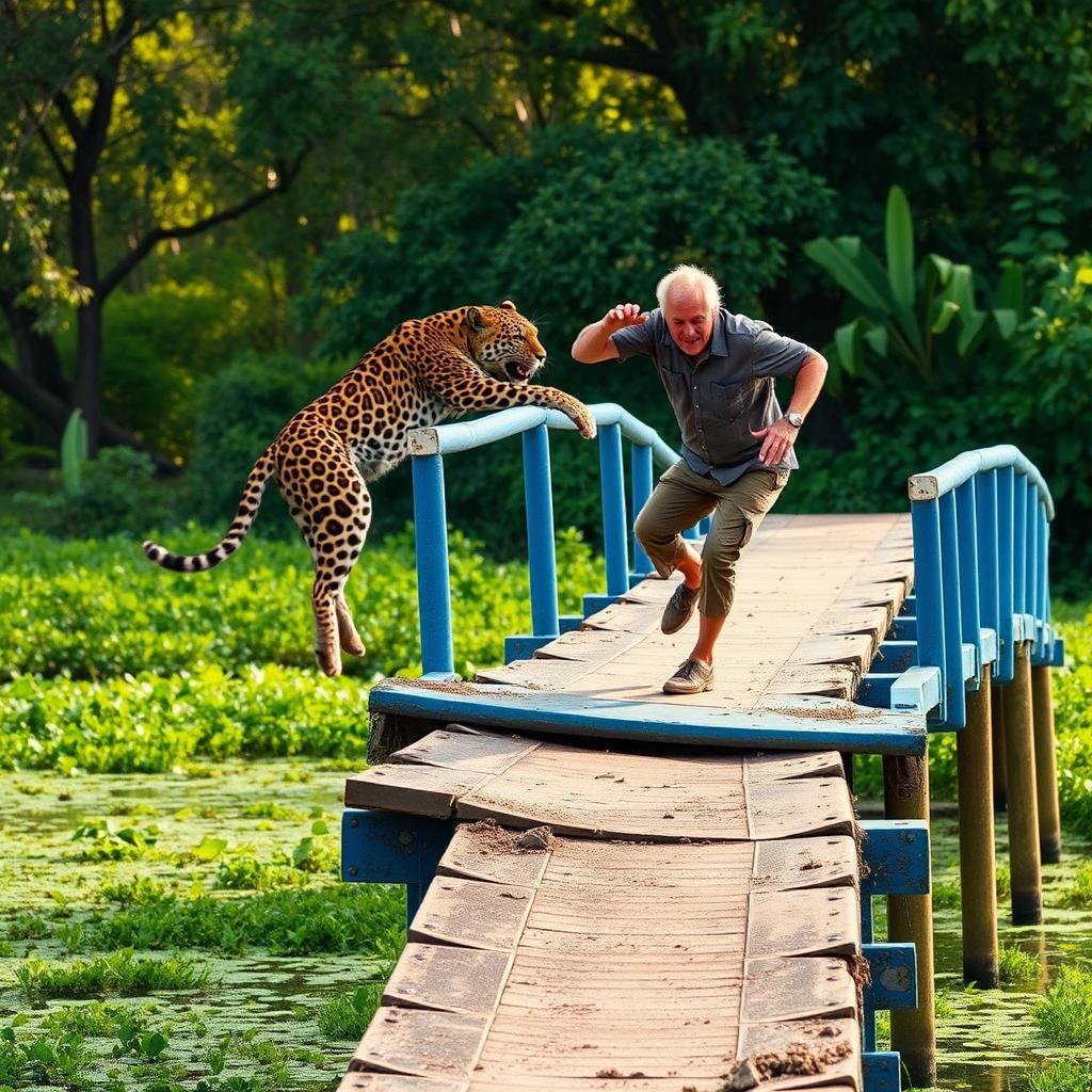 A striking scene of a jaguar attacking an elderly man in the Pantanal region, captured on a blue graded bridge that is partially collapsed
