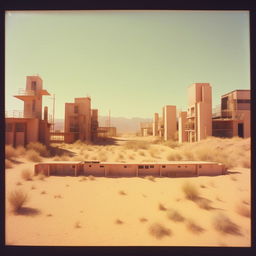 An old Polaroid photograph displaying an 80s sound stage set as a cityscape, bizarrely positioned in the heart of a vast desert.