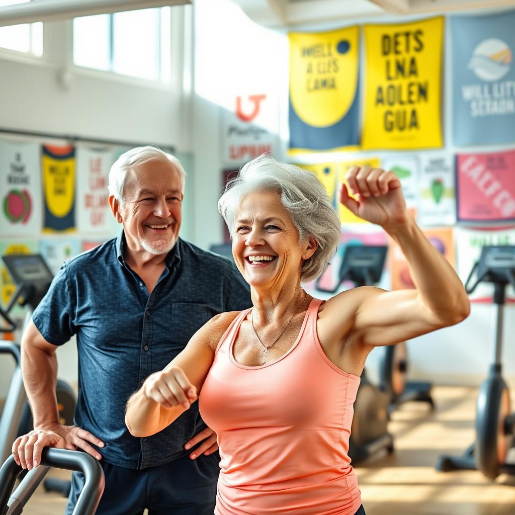 An uplifting scene of a fit woman over 60, exercising joyfully in a bright and sunny gym