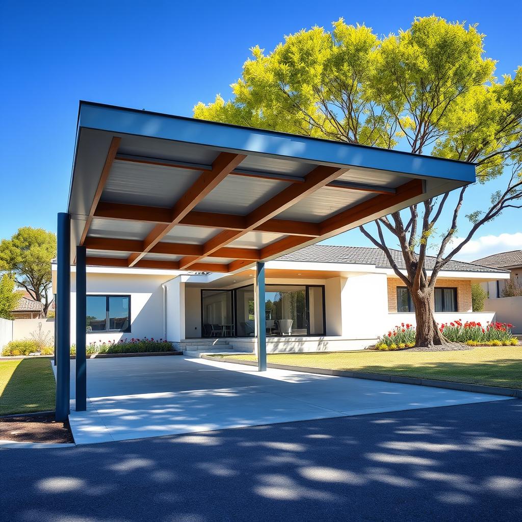 A modern carport situated in the open space beside a contemporary house, showcasing sleek architecture