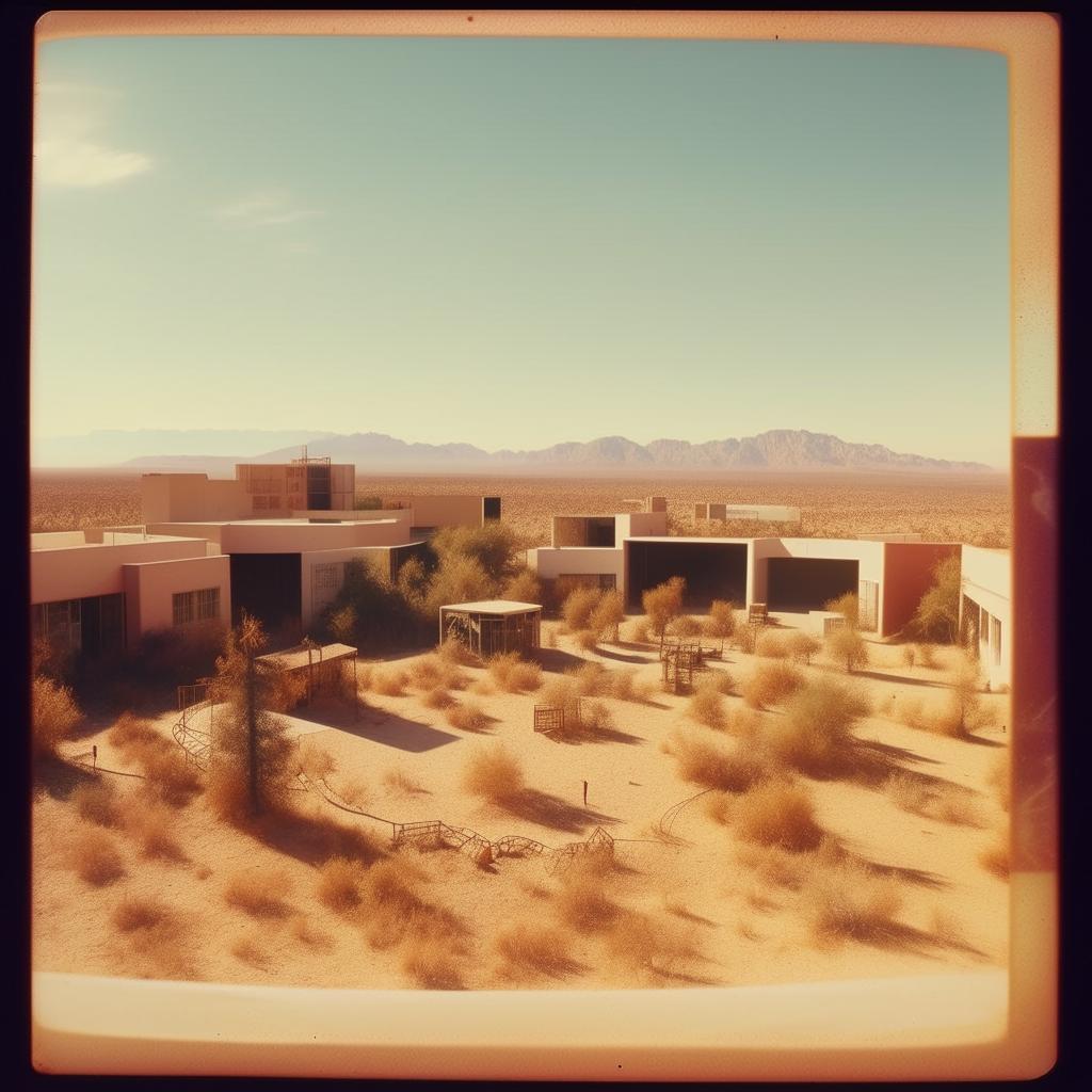 An old Polaroid photograph displaying an 80s sound stage set as a cityscape, bizarrely positioned in the heart of a vast desert.