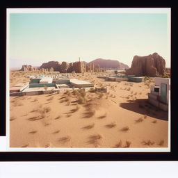 An old Polaroid photograph displaying an 80s sound stage set as a cityscape, bizarrely positioned in the heart of a vast desert.